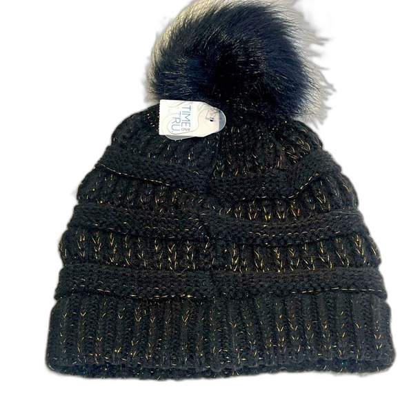 Time and Tru Lurex Pom Pom Beanie Black One Size - Picture 1 of 6